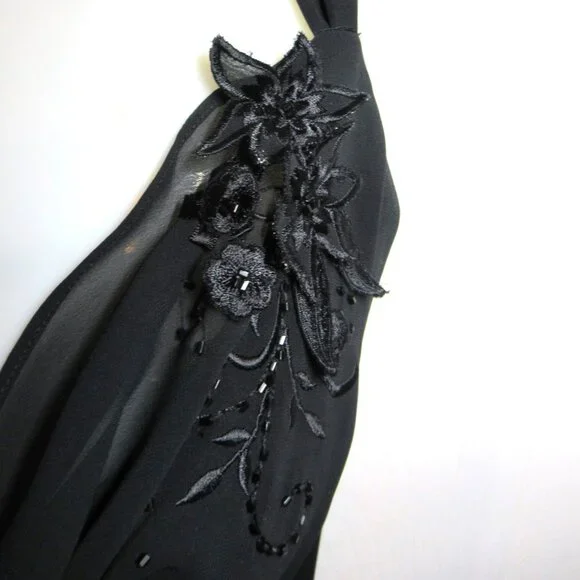 Adrianna Papell Black Chiffon Gown Floral Applique Beads EUC Whimsigoth Cowl - Picture 7 of 16